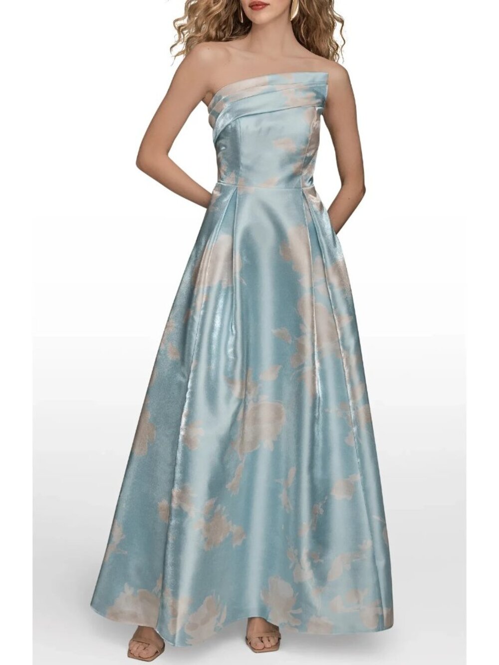 Donna Karen Floral Print Strapless Satin Gown Pastel Blue 12